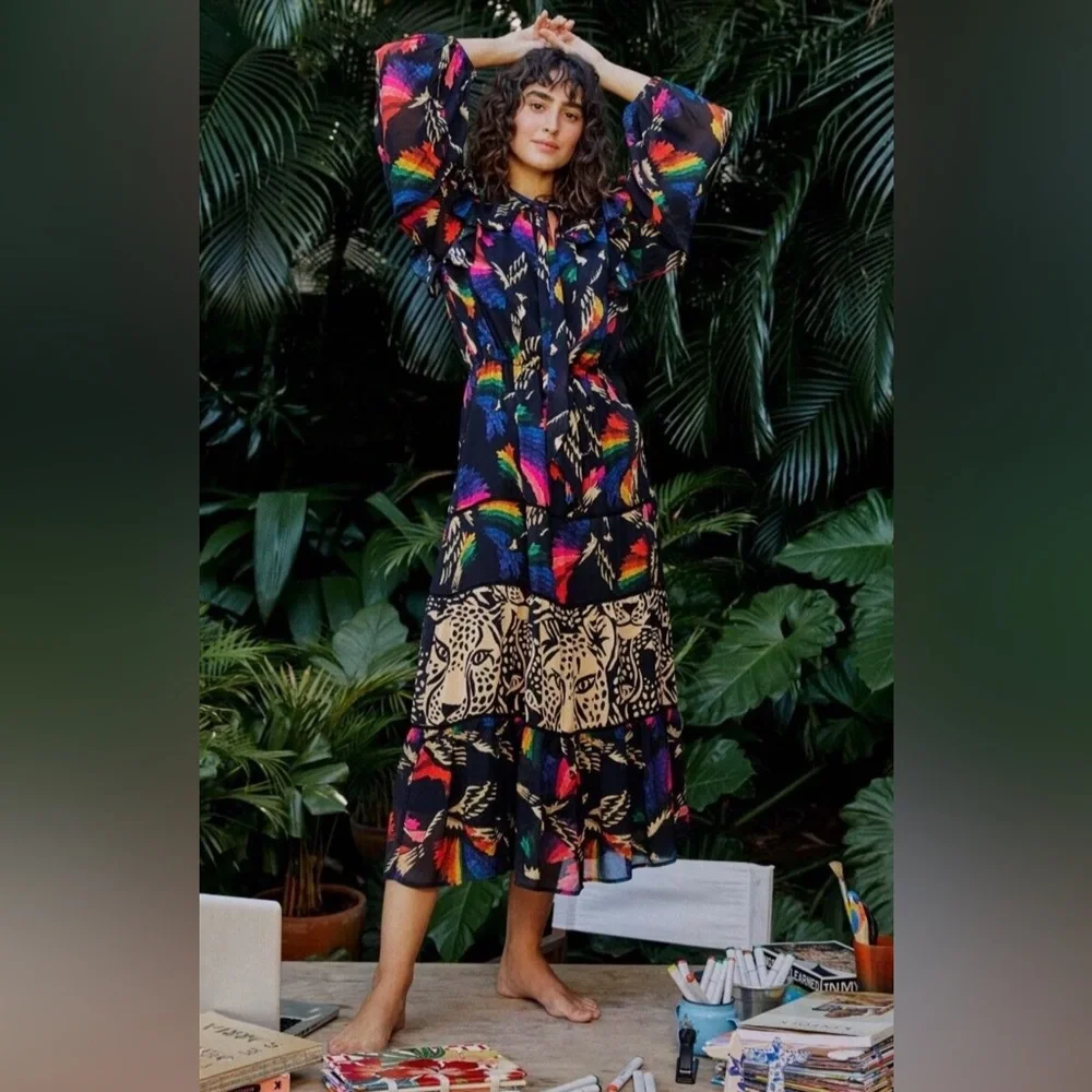 FARM Rio Black Multi-Color Printed Tiered Maxi Dress - Picture 1 of 14